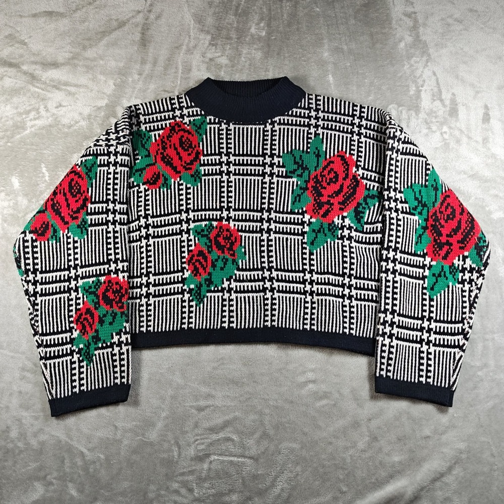 Vintage Gitano Sweater Womens Large Black White Red Floral Plaid Cropped 80s 90s